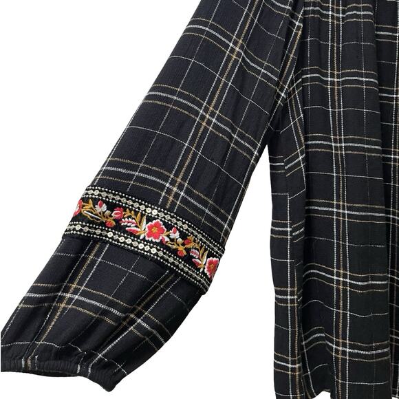 Style & Co Womens Floral Embroidered Velvet Trim Peasant Top Size XL Black Plaid - Picture 5 of 8